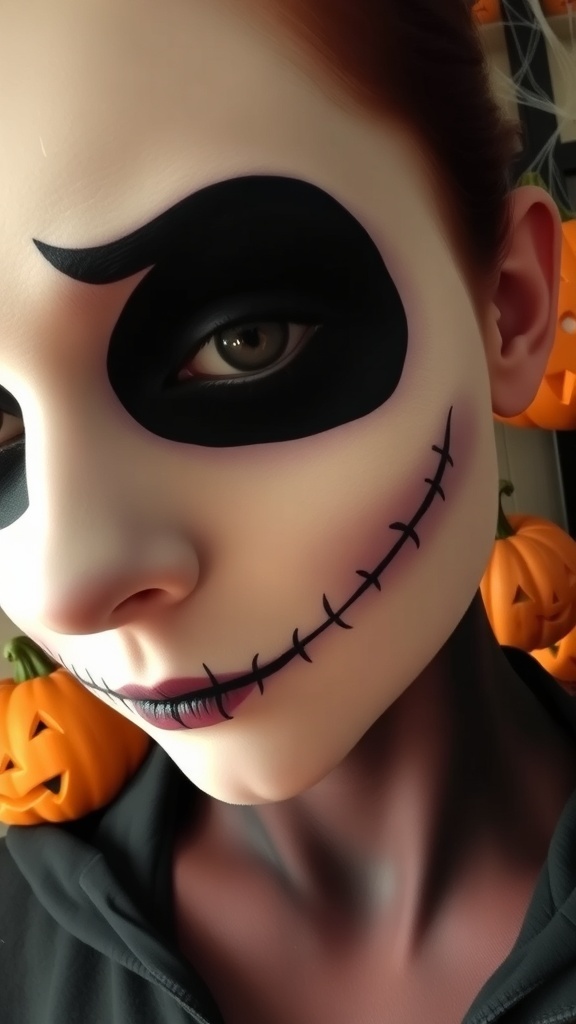 A person with Jack Skellington makeup, showcasing the iconic pale skin and stitched smile.